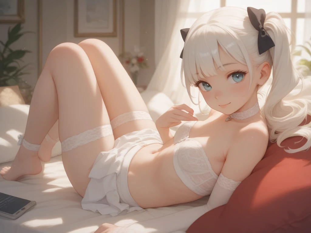 The light is shining,There is a girl with short white hair and a tight white thong on the sofa.,Perfect body,Pink skin under thong, exposed navel,Very thin thighs,very thin calves,Anime girl spreads her legs,White sweat on inner thighs,The abdomen has a white color,Put your hands on your head,armpit,lying on the sofa, very sexy pose, lying on the sofa, lying down, lie flat, beautiful anime girl, Anime Barbie wearing white knee-high stockings, pretty face,small breasts,Wear a white sports bra,Cover the upper breast, smooth pink skin,marks of strangulation,sweating,wet,(facial)blush,Open your mouth very wide