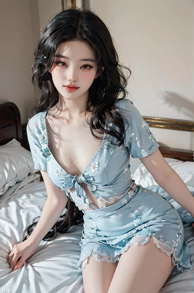 dress,fashi-girl, liuyifei, ((cowboy shot)), (best quality, masterpiece:1.2), ultra-detailed, (realistic:1.37), beautiful, youthful, glamorous model with (detailed eyes, detailed lips, extremely detailed eyes), Lie in bed, in a knee shot, with white and floral colors, showcasing a radiant smile, slender figure, long legs, creating a breathtaking depiction of a girl enjoying the sleep