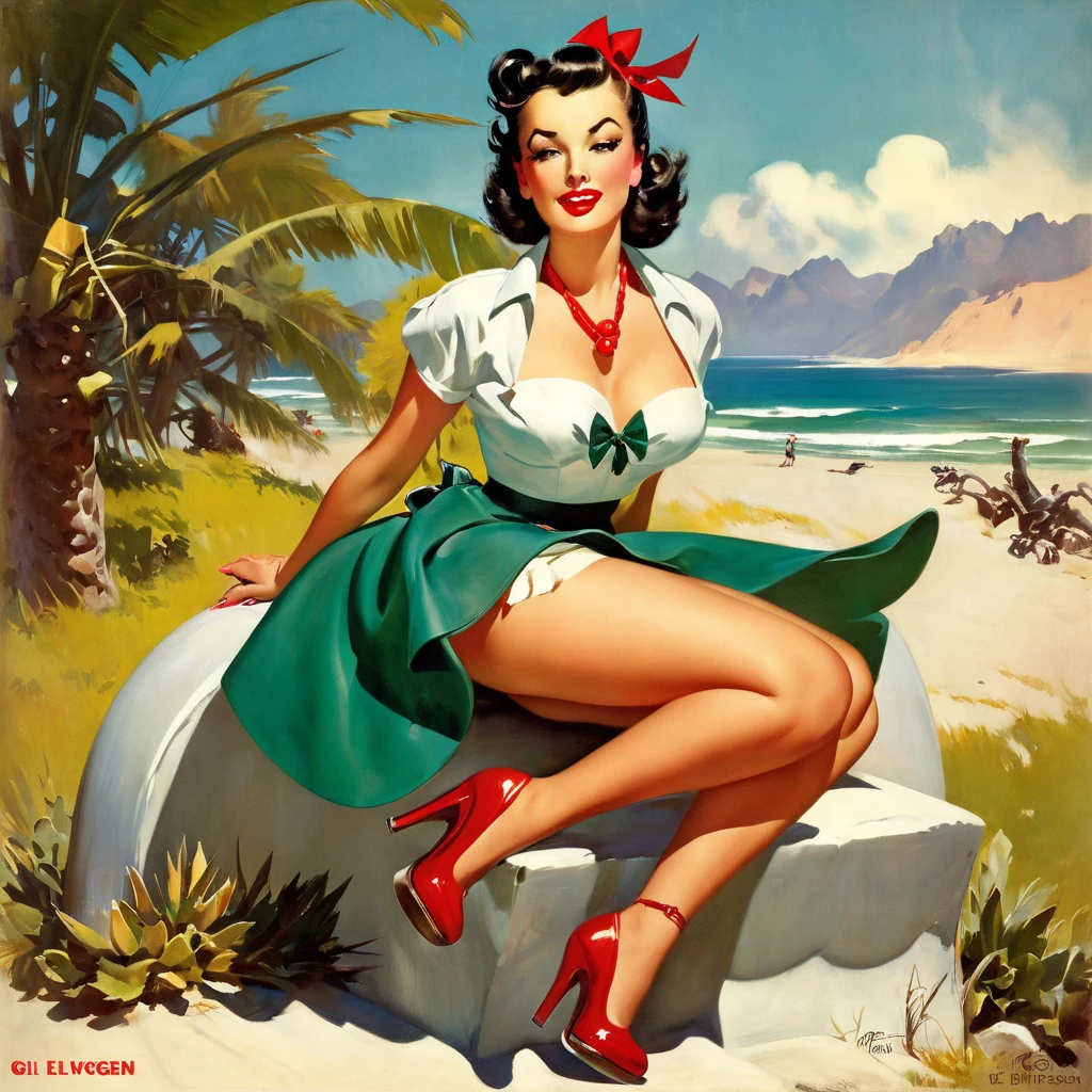 painting of a woman, sitting on the ground with a dog, Gil Elvgren's style, Gill Elvgren, Artgerm and Gil Elvgren, pinup art, girl pinup, girl pinup, Vintage pin app, pinup, Pin - up, pretty, Fix, Pin Up Girl, The girl from the poster in the style of pin-up, pin up girl