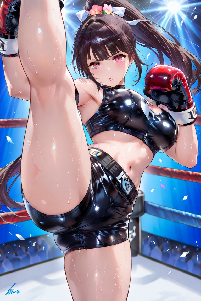 Korean beauty,18 years old,Pretty Face,Good shape,detailed picture, Shy expression, blush,White high ponytail, Wearing cheongsam, Wear black pantyhose, Wearing black boxing gloves,No shoes, Boxing Ring,Large Breasts,Cleavage,Long legs,Thin waist,nipple,Camel toe,Sexy moves