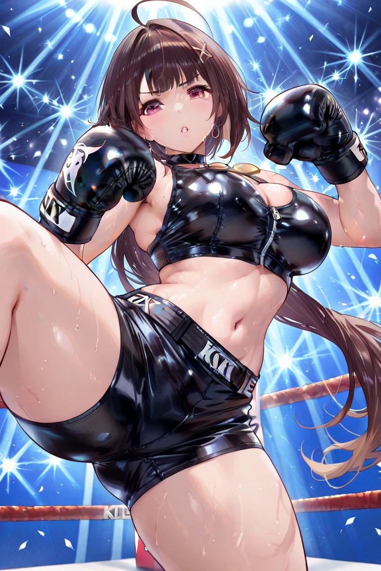 korean beautifull girl,18 years old,Pretty Face,Good shape,detailed picture, Seductive expression, blush,White long hair, Wear sexy lingerie,Soaked,Wear black garter stockings,No shoes, Wearing black boxing gloves,Black sleeves on arms, Sit in the boxing ring and stretch one foot forward,Large Breasts,Cleavage,Long legs,Thin waist,nipple,Camel toe,Collar,Cat ear