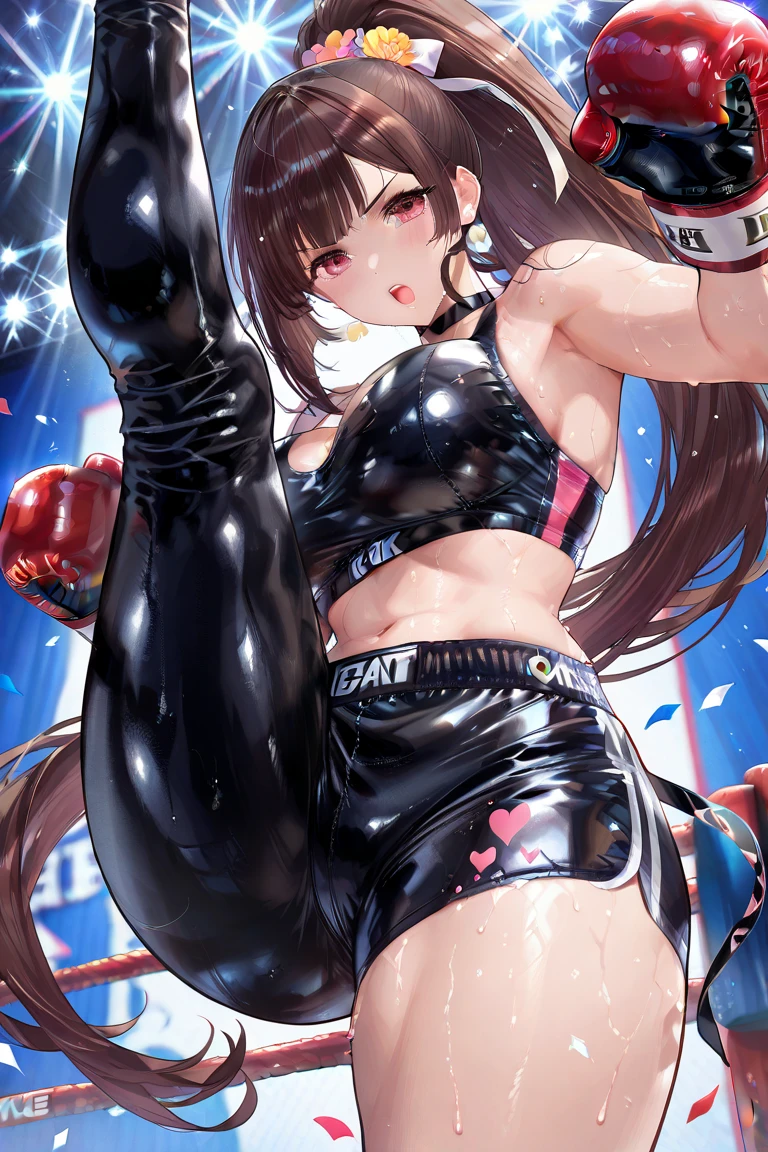 individual,Beauty,Realistic boxing gloves,Boxing action,Knee socks,Black fun underwear,sexy,Big breasts,long legs,cleavage,Boxing ring,sweating,8k,Super detailed,high quality,long hair,Cat ear