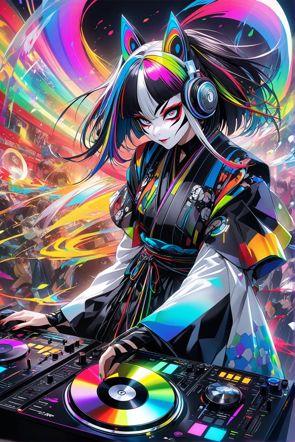 (((Ink Painting))), (((1 girl))), (((Skull tattoo on face))), (((Gorgeous hair accessories))), Japanese style headphones, (((dj))), Japanese Beauty, Black Hair, smile