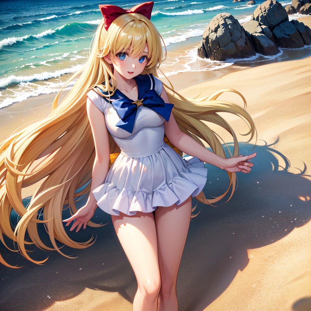 Best quality, masterpiece, ultra high res, (photorealistic:1.4), raw photo, 1girl, AHRI_COSPLAY, WHITE TAILS, BLACK LONG HAIR, YELLOW EYES, look at viewer, full body, warm smile, seaside, Golden hour makes everything warm and romantic a beautiful woman, golden hour, rim lighting, warm tones, sun flare, soft shadows, vibrant colors, hazy glow, painterly effect, dreamy atmosphere