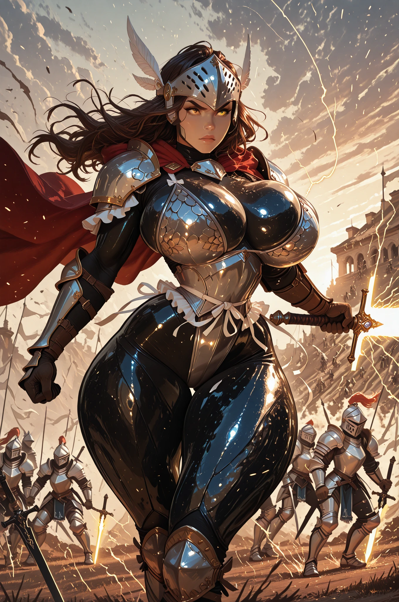 (masterpiece, top quality, best quality, official art, beautiful and aesthetic:1.2), (1girl:1.3), dark brown hair in a huge ponytail, extremely detailed, portrait, looking at viewer, solo, (full body:0.6), detailed background, close up, (hot summer coliseum theme:1.1), human gladiatrix, charlatan, mysterious, walking in forest, revealing bronze gladiator armor, spear and shield, metal bikini, ???????, tits out, brown leather, cowl, cloak, bracers, armor, gauntlets, helmet, facemask, long boots, buckles, straps, light grey fabric, brown leather, ((((gigantic breasts, cleavage, skindentation)))), slim waist, slim hips, long legs, medieval (coliseum arena exterior:1.1) background, dark mysterious lighting, shadows, magical atmosphere, dutch angle,