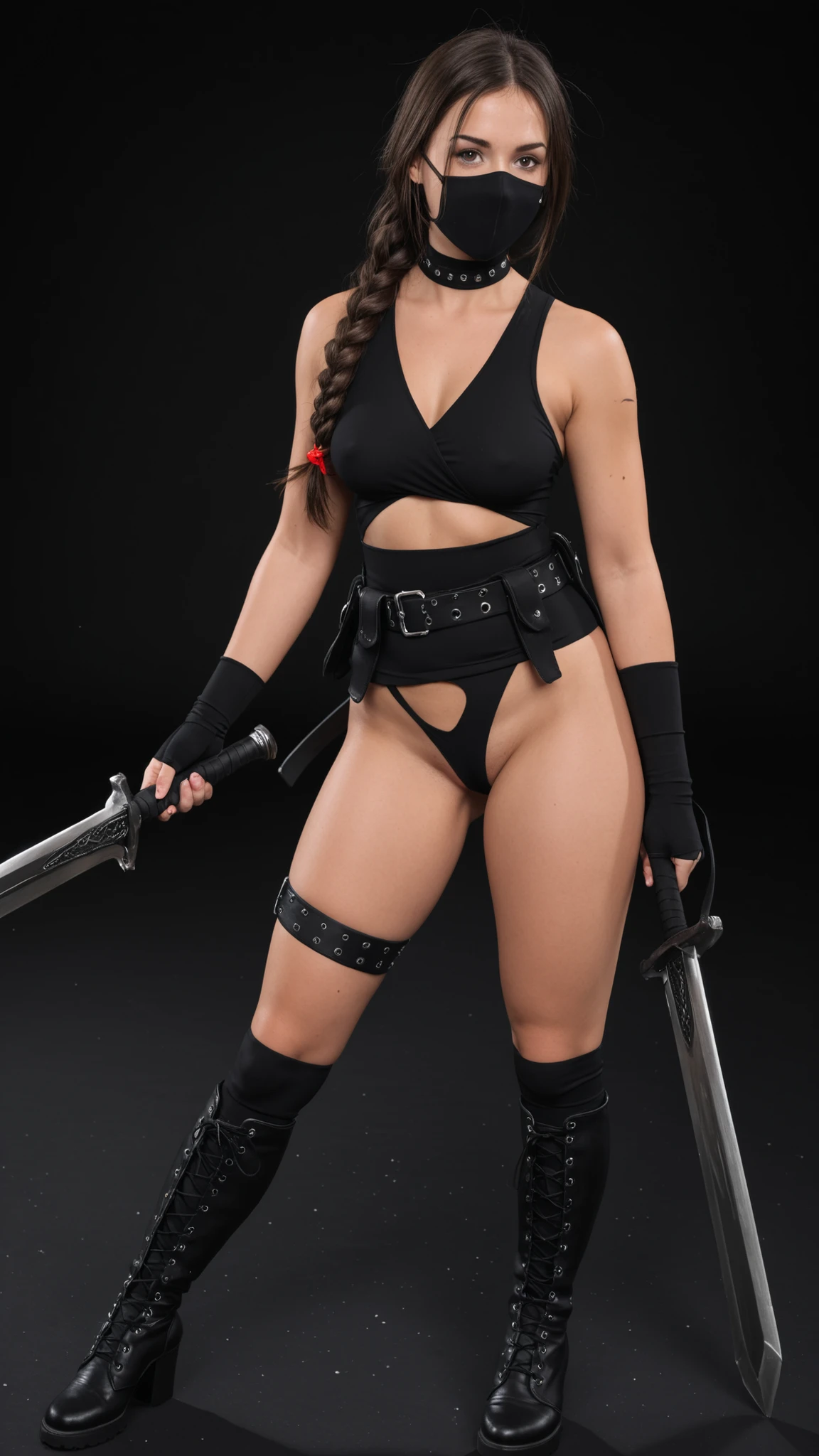 masterpiece, ninja era, A tight black bodysuit with ripped cuts that strategically reveal skin. The bust has molded leather plates, and the shoulders are partially exposed with crossed straps. Fingerless gloves go up to the elbows, also ripped. A tactical belt with irregular bands falling from the hips gives style and movement. One leg has a braided leather ribbon and the other, a ripped sock. High boots with battle marks complete the look. Her private parts are swollen and voluminous, as if she were in the heat, very swollen private parts, exposed camel toe, exposed butt. The face has a detailed mask, leaving only the bright eyes visible, her hair is very long and braided with a red ribbon tying the end. A sensual, sexual outfit, bold neckline and ready for combat with several weapons and a black aura, her eyes shine like light along with the aura.