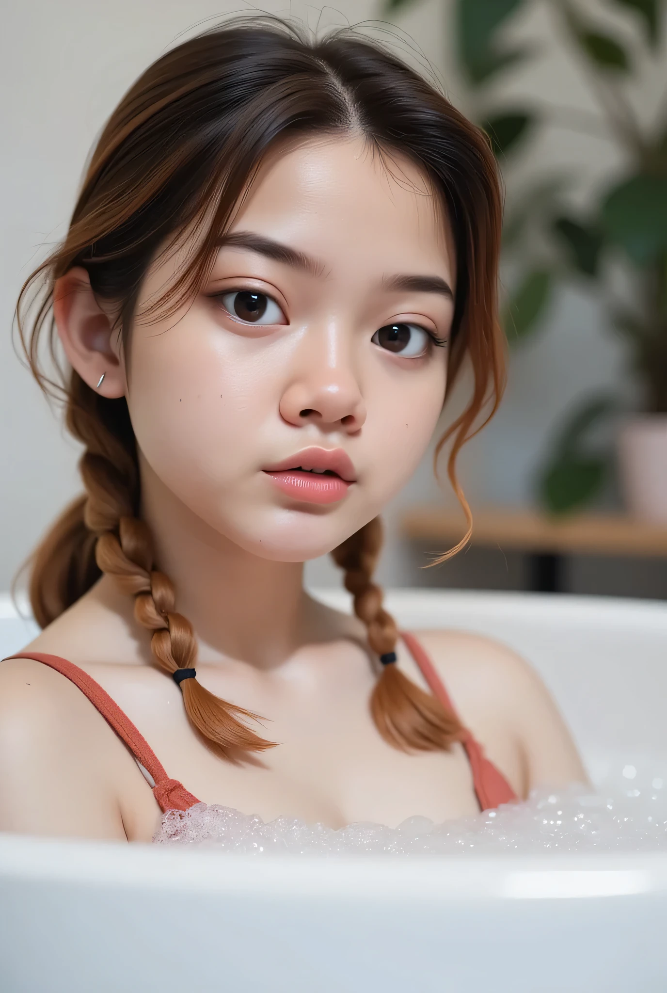 The facial reaction is very gloomy and sad, CREATE ANIME CARTOON 3D PHOTO, "A highly realistic, ultra-detailed portrait of a woman relaxing in a bubble bath, captured in the best settings of a SONY A7R with a fast prime lens (f/1.8). The scene features a minimalist bathroom with soft, natural lighting, emphasizing the subject's smooth skin, delicate facial features, and the dynamic texture of the foam. Hyper-detailed textures, cinematic lighting, and a sharp focus create an immersive depth. 32K resolution, photorealistic rendering, skin pores and water droplets visible, ultra-sharp image, professional photography style." Wajah KELIHATAN muram Dan sedih, Two braids hairstyle Left and right