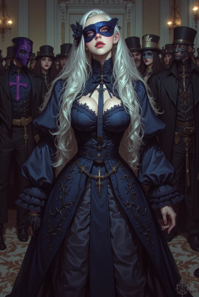 A mysterious sexy and hot queen in the center of a gothic village, around her her people of fantastic creatures who proclaim her, the queen is a little distant from the lens, the people of fantastic creatures are clearly visible and detailed