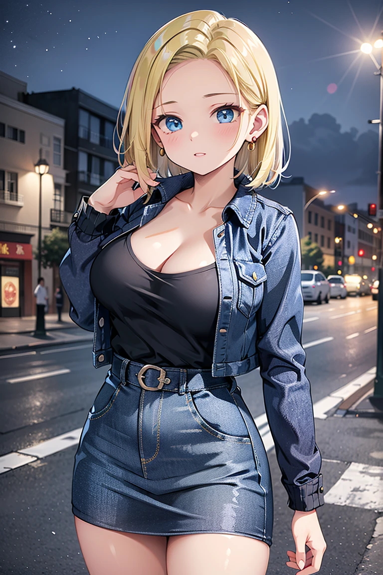 android 18, android 18, blonde hair, blue eyes, eyelash, hoop earrings, short hair, earrings, break belt, black legwear, black shirt, breast pocket, cleavage, clavicle, denim, denim skirt, high-waist skirt, jewelry, long sleeve, pocket, shirt, shirt tucked in, skirt, striped, striped sleeves, waistcoat,, break outdoors, city, null, cloud, sun, break looking at viewer, (cowboy shot:1.5), break (masterpiece:1.2), highest quality, High resolution, unity 8k wallpaper, (shape:0.8), (beautiful and detailed eyes:1.6), highly detailed face, perfect lighting, Very detailed CG, (perfect hands, perfect anatomy)