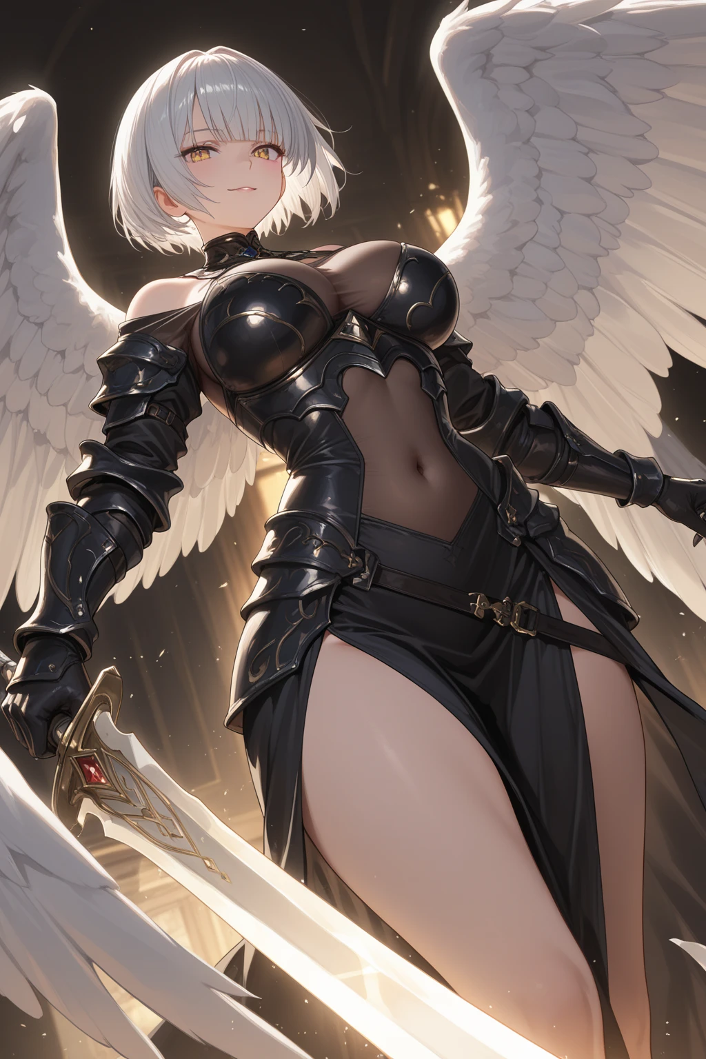 fantasy, 1angel_girl,young_teen, ,silver_hair, short_hair, long_bangs, halo,bare_shoulder,thighhighs,silver_armor, waist_armor, large_breasts,half_eyes,1pair_wings, dynamic_pose_fighting,floating, bare_crotch, headgear,gauntlet, greaves,city_background,slightly_spread_legs, solo, groin_naked,tan_skin,hair_over_one_eye,