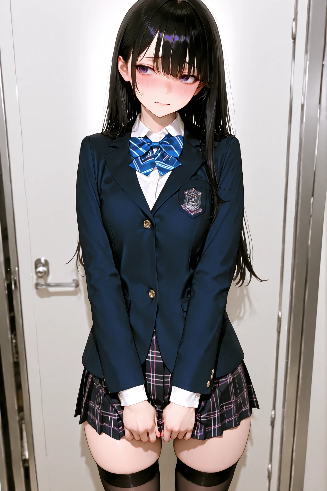 top quality,professional,ultra detailed,1girl、
Height: 165cm
weight: 55kg
3 sizes: slender,small breast,normal waste,normal hip,
Hobbies: piano
Her Situation: Now、I'm looking for materials for my graduation thesis in the university library。I'm not aware that the ribbon on my uniform is slightly loose。
character: neat and easy、modest but strong core。 polite 、honest and kind。
Appearance: keep long black hair neatly organized、has a well-groomed face。Characterized by soft eyes and beautiful skin。
Outfit: school uniform(blazer after face)Wear。The length of the skirt is modest and the、Wearing black stockings。
other: I wear a white blouse under my uniform、button is off。She doesn't seem to notice it。