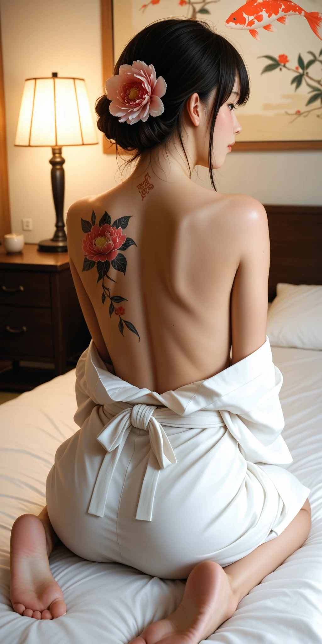 ((Best Quality)), ((masterpiece)), (detailed), 1 girl in a bed, with a color tattoo on his lower back, with flower, dressed in skirt, Plano General Largo