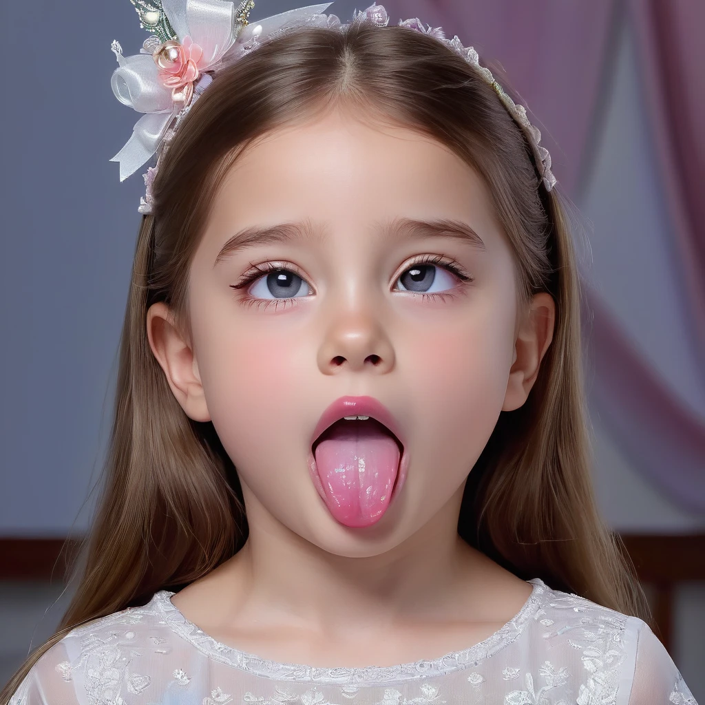 (ahegao!)[((Young little 7yo girl the expression , long tongue, Extreme detailing, Complex key, ((Single Shot)), ((Best Quality)), ((Masterpiece)) , ( (Realistic)), (IDEAL), 8K, impressionism: 0.2 Обои Full HD