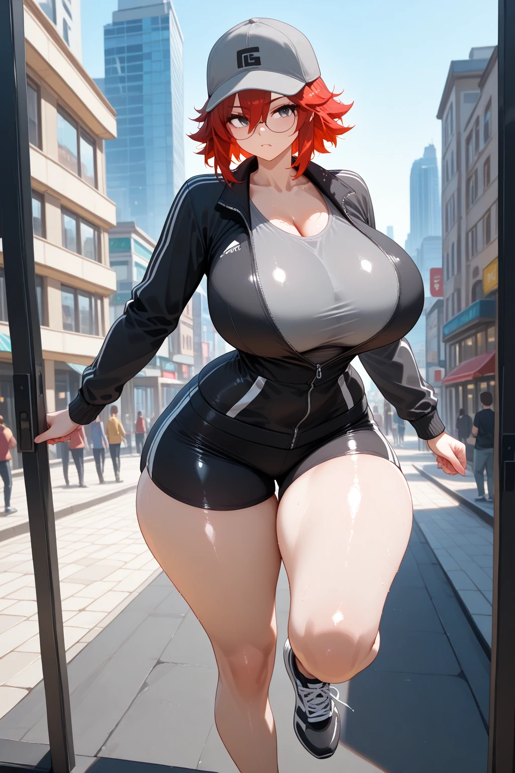 young chubby, loli, very light skin, medium red hair, bangs, rocker girl, makeup, black blouse, black mini shorts, fishnet stockings, colossal breasts, fat thick legs, walking down Tokyo street