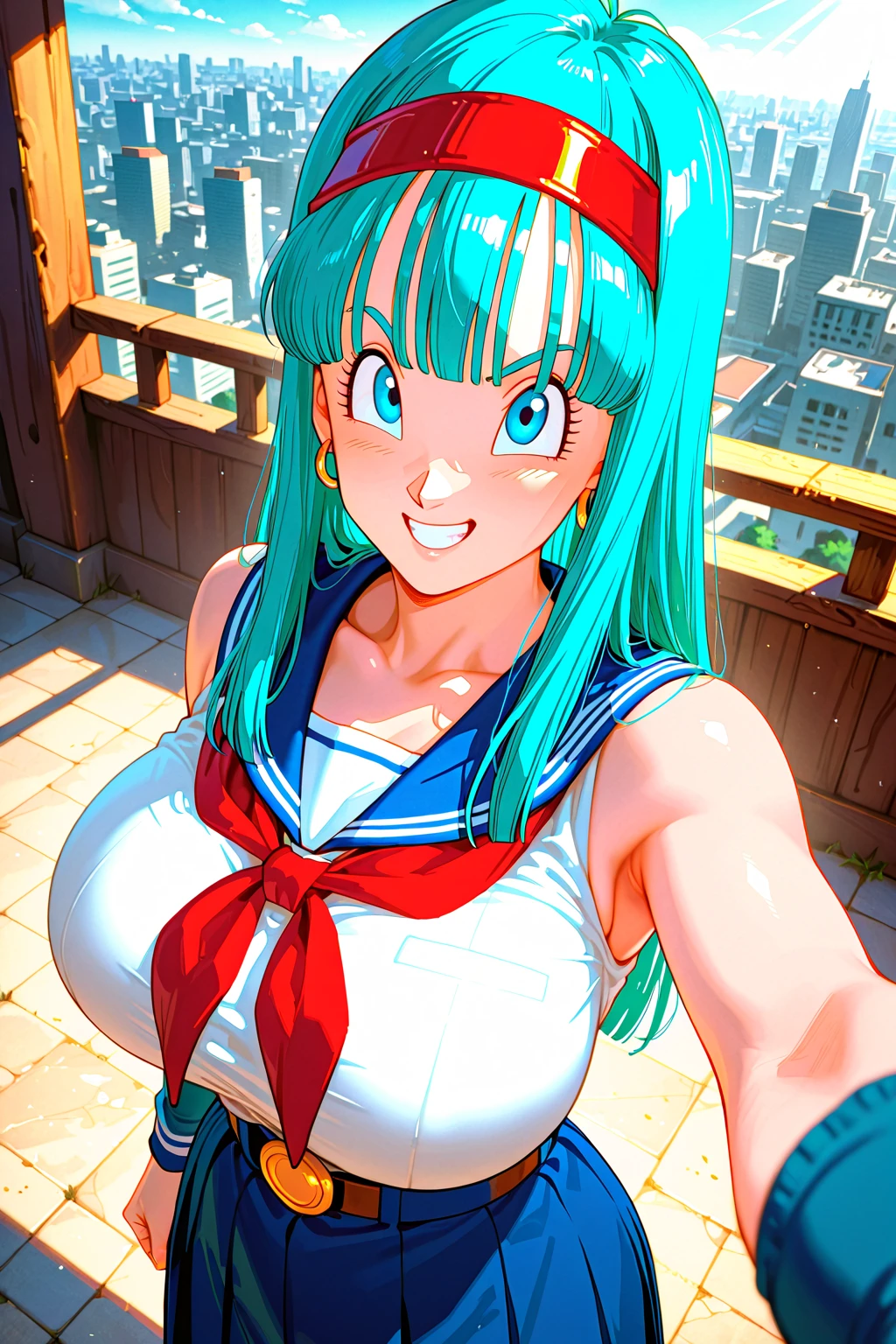 masterpiece, best quality, highres, dragon ball, blmpony, aqua hair, hair ribbon, braided ponytail, pink shirt, belt, scarf, pink skirt,tight skirt,miniskirt,clothes writing, brown gloves, perfect eyes,smiling , embarrassed,big tits,looking at viewer,top view,sitting, bracelet, Street,sunset, happy, perfect smile,perfect face,perfect body, perfect tits,(huge tits),((open shirt)),((open clothes)), high definition,((show tits:1.5)),((show nipples:1.5)),((skirt lift:1.4)),((black lace panties)),((show panties))