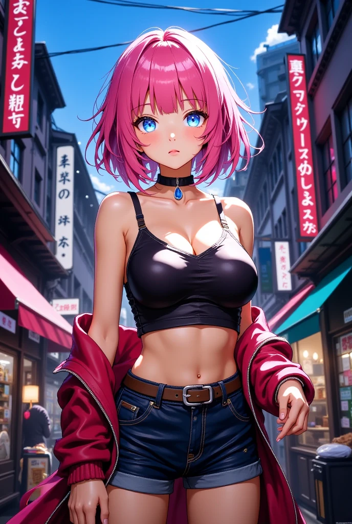 masterpiece, best quality, highres, absurdres, 1girl, crowd, skirt, pink hair, gasai yuno, from below, revealing clothes, skindentation, outdoors, sunlight, street, looking at viewer, blush