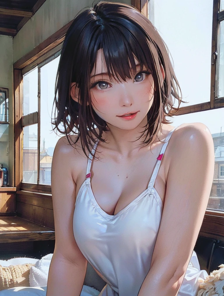 (Woman close up)、((Depiction of the upper body))、((30-year-old female))、Very large breasts、A cheerful smile、Very short hair、(Open your mouth a little、High resolution、16k))、White bodysuit、Early morning park、