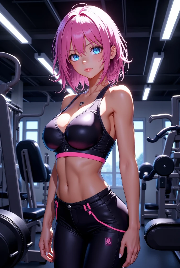 (masterpiece), Best quality, good anatomy, one girl, ( Spread your legs), vagina, green eyes, realistic face, Short haircut, Gloomy face, Pink hair, navel ,bare shoulders, Tight blue top, gym, Reflectors, 8K masterpiece, Super Detail, Film Movie, Best quality, best details, detailed face, Detailed eyes, camera from below