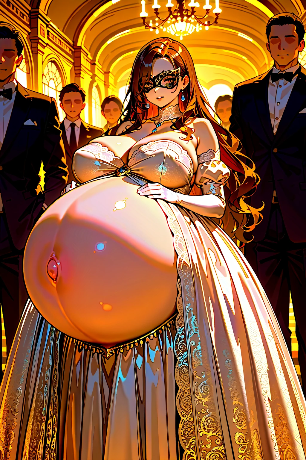 (Best quality), (detailed), (high res, 4k), prince feeding and touching chubby queen lady, queen, brown curly hair, tan skin, big booty, wide hips, ((1800s)), ((royal)), ((19th century britain)), gigantic belly, taking off cleavage, showing tits, taking off bra, super sexual pose, moaning, relationship of prince and queen, arm reaching for stomach, prince touching belly, sexual pose, seduction, sexy posing, super fat girl, fat belly, overstuffed stomach, cumflation, stomach inflating full of cum, super inflated stomach