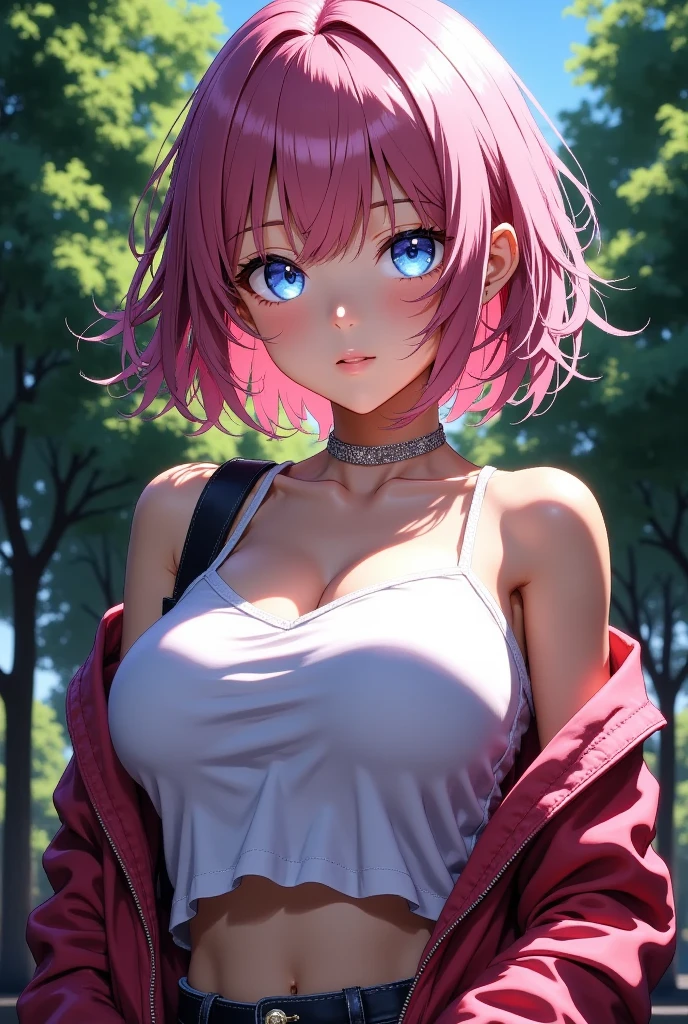 (best quality,4k,8k,highres,masterpiece:1.2),pink hair,Asymmetrical Shorthair,beautiful big breasts,girl's eyes are beautifully detailed and expressive,girl's lips are beautifully detailed,ultra-detailed,realistic,colorful and vibrant,soft natural lighting。Panty shot beauty。The jacket is a gray hoodie and a white T-shirt.。