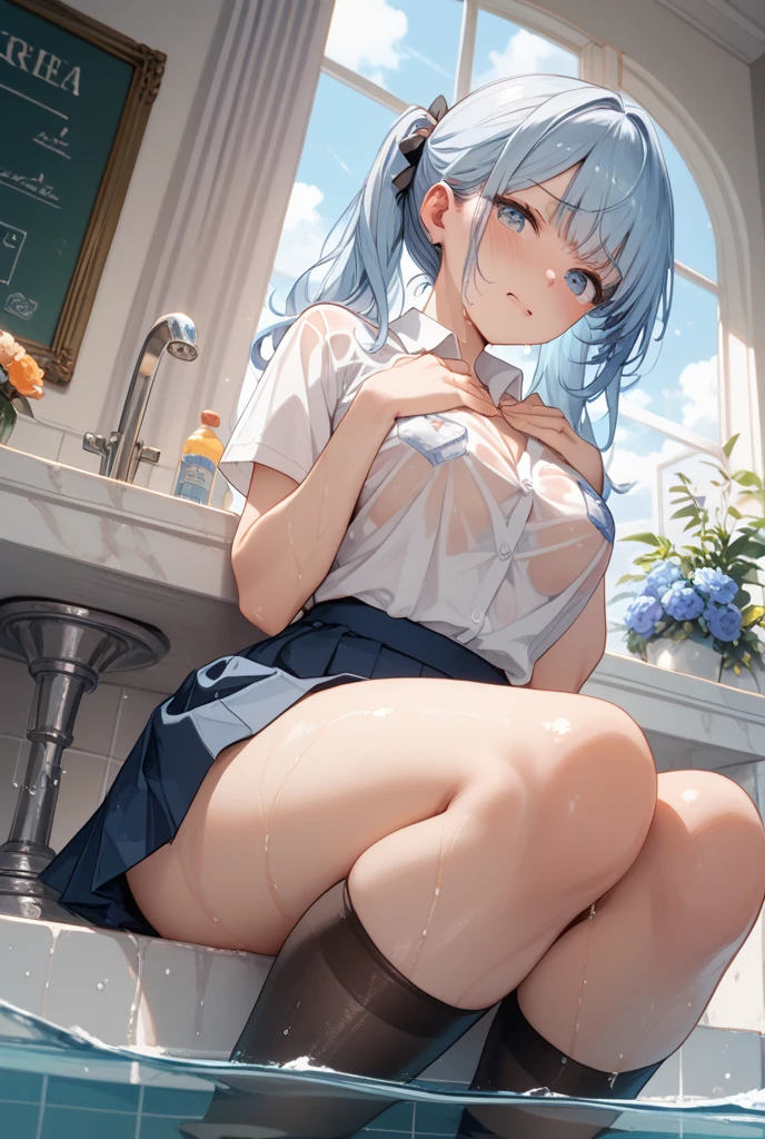 masterpiece, best quality, very aesthetic, absurdres, 1girl, mature_lady, 1girl, thighhighs,one thighhigh is white, another thighhigh is black, white stocking, black stocking, covered_bra,pink_bras, pleated skirt, shirt tucked in, tented shirt,bow, wet_clothes,raining,waterdrop,,furina(genshin impact), heterochromia,bule hair,blue eyes,,in hot spring,Onsen,blur background,background defocus