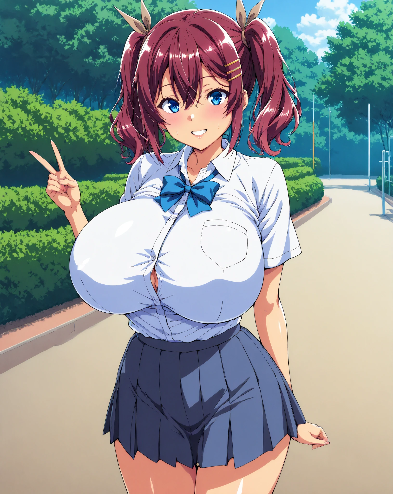 masterpiece, best quality, highres, aamazaki, (antenna hair:1.2), blue bowtie, pink jacket, blazer, long sleeves, blue skirt, pleated skirt, outdoors, cowboy shot, open mouth, smile, classroom,school,table,tight black thighhighs, large breasts, smiling, embarrassed , sitting,down in her knees, spread legs,skirt lift:1.4,big tits, show tits, visible tits:1.6, open shirt, open skirt,open clothes,show tits, nipples,(( show nipples:1.5)),((show tits:1.5))