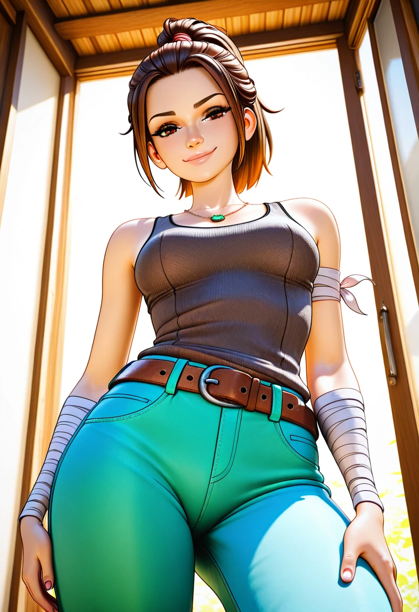 score_9_up, score_8_up, score_7_up, 1girl, solo, mature female, ((Mikasa Ackerman)), ((black very short hair)), ((black pixie cut)), black eyes, pink lips, fit slim body,(((perfect erected medium breast))) (((pink tight short top, tight jean shorts, black harness))), (((highly detailed bedroom, window, bed))), perfect fit model body, wide hips, shy smile, pumped up ass, seductive pose, from behind, close ass look