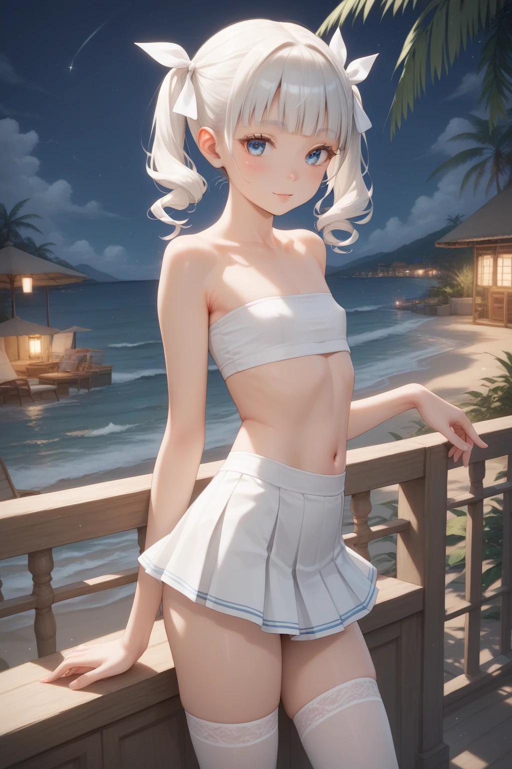 ((masutepiece, Best Quality, hight resolution, nffsw, Perfect Pixel, depth of fields, 4K, nffsw, nffsw))), 1girl in, Single, Solo, (((cleavage))), Beautiful Girl, Beautiful Art Style, ((Detailed beautiful eyes, Beautiful eyelashes, Realistic eyes)), ((Detailed face)), ((Smooth texture, Realistic texture, Photorealistic)), Large breasts, small ass, Perfect body, ((Cowboy Shot)), ((( White Sheer Sailor Shirt, Sleeveless, Open front))), (((Navel ))), (((Sheer Micro Mini Skirt))), in poolside, Perfect Eyes Eyes