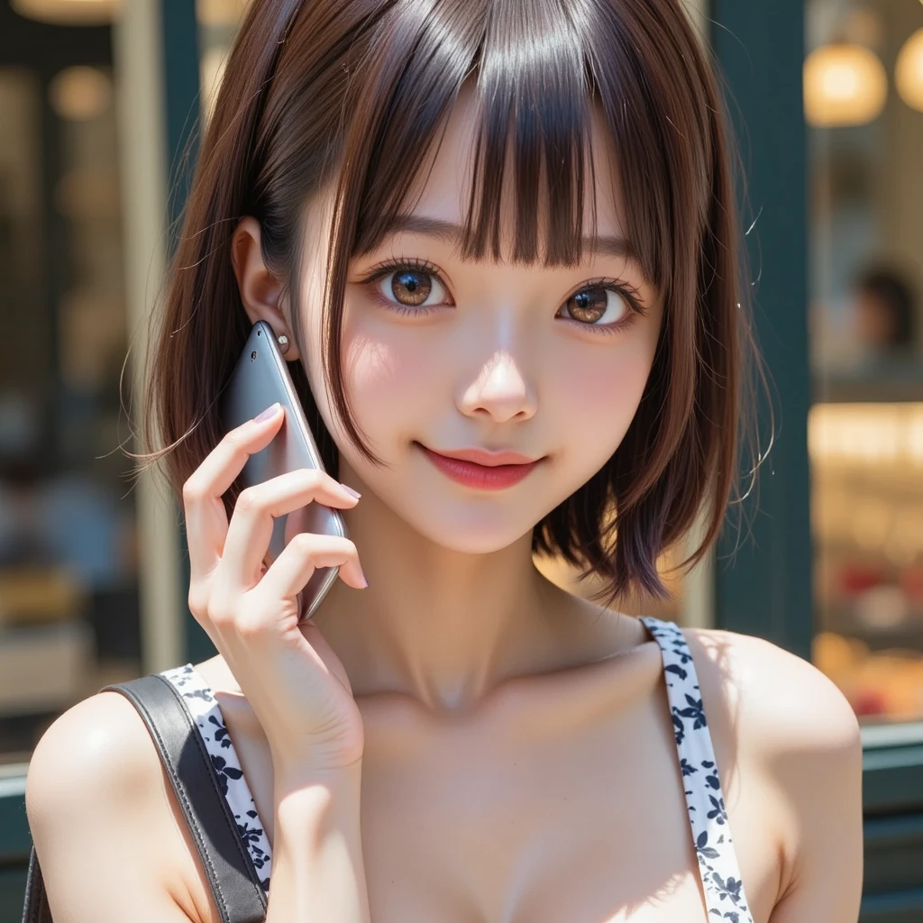 nsfw, 1girl, (solo), masterpiece, best quality, 8K, hight resolution, extremely detailed girl, extremely detailed beautiful face, Beautiful skin, shiny skin, perfect anatomy, face focus, smile, cowboy shot, standing, looking at viewer, (smartphone), (use smartphone with one hand:1.5), japanese, black hair, medium hair, medium breasts, cleavage, ruffled shirt, beret, frilly micro mini skirt, skirt lifted, shiny panties, (Panchira), outdoors, Sharp Focus, face lights, depth of field, enako