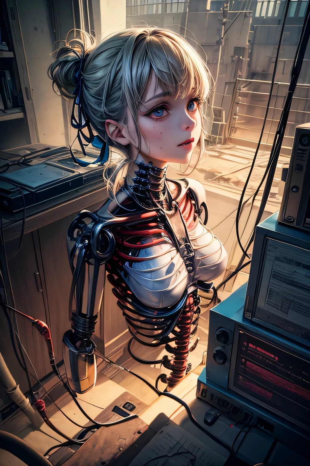 High exposure of a Rusty Cyberman, Air traffic controller, Yume Kawaii, cinematic lighting, depth of field, bokeh, realism, photorealistic, hyperrealism, professional photography, uhd, dslr, hdr, ambient occlusion, iris and pupil rendering, advanced color grading, (masterpiece, top quality, best quality, official art, beautiful and aesthetic:1.2), (1girl:1.3), extreme detailed,colorful,highest detailed ((ultra-detailed)), (highly detailed CG illustration), ((an extremely delicate and beautiful)),(from side),cinematic light,((1mechanical girl)),solo,full body,(machine made joints:1.2),((machanical limbs)),(blood vessels connected to tubes),(mechanical vertebra attaching to back),((mechanical cervial attaching to neck)),(sitting),expressionless,(wires and cables attaching to neck:1.2),(wires and cables on head:1.2)(character focus),science fiction,(blood:1.5)