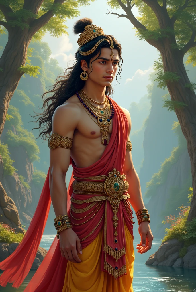 A young Eklavya, a tribal prince from the Manabharata, stands in a clearing in the forest. He is dressed in simple tribal garb, made of animal skins and cloth. He draws back a powerful war bow, aiming at a target hidden amongst the leaves. Determination and focus are etched on his face. Sunlight filters through the trees, casting dappled light on the scene.image:
Here are some optional details youcan add to the prompt to further customize the• Age of Eklavya: You can specify a younger Ekiavya practicing with a smaller bow, or an older Eklavya with a more elaborate bow and attire.• Expression: You can describe Eklavya's expression in more detail, such as intense concentration, unwavering dedication, or a hint of defiance.• Background details: You can add details about the forest, such as specific types of trees, animals peeking from behind foliage, or a small shrine dedicąted to Drona.