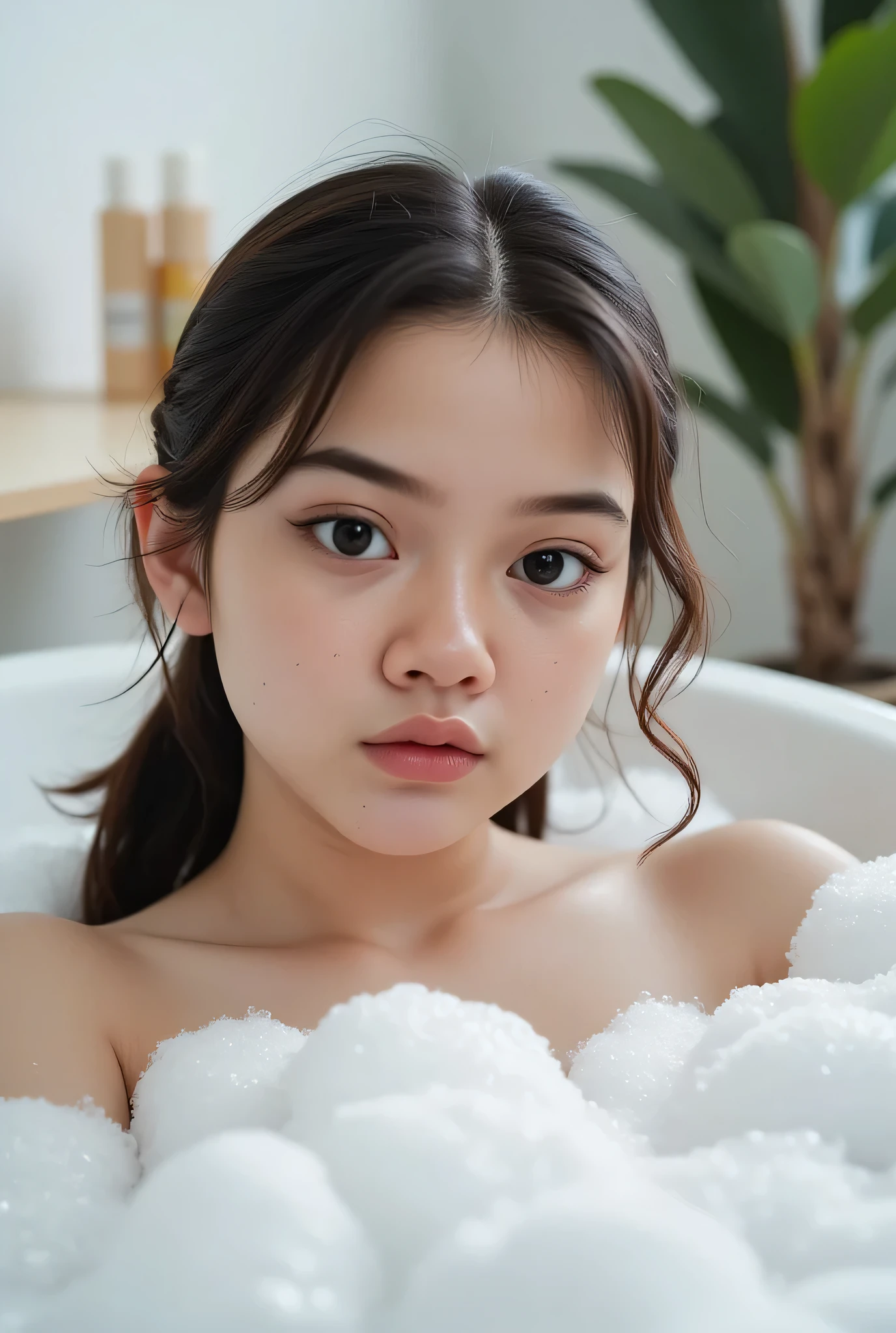 The facial reaction is very gloomy and sad, CREATE ANIME CARTOON 3D PHOTO, "A highly realistic, ultra-detailed portrait of a woman relaxing in a bubble bath, captured in the best settings of a SONY A7R with a fast prime lens (f/1.8). The scene features a minimalist bathroom with soft, natural lighting, emphasizing the subject's smooth skin, delicate facial features, and the dynamic texture of the foam. Hyper-detailed textures, cinematic lighting, and a sharp focus create an immersive depth. 32K resolution, photorealistic rendering, skin pores and water droplets visible, ultra-sharp image, professional photography style." Wajah KELIHATAN muram Dan sedih, Two braids , chubby cheeks hairstyle Left and right