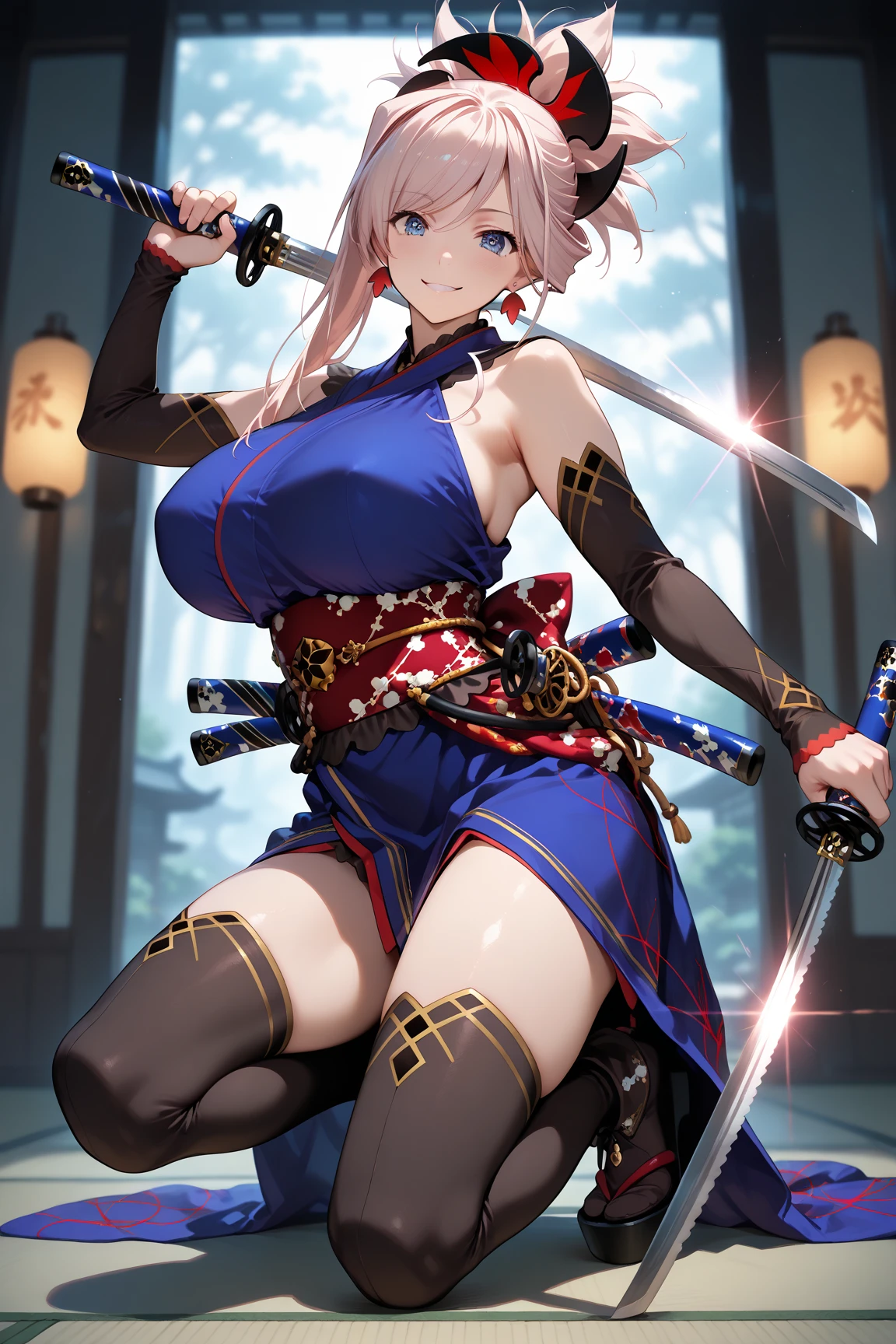 masterpeace, best quality, highres, 1girl, solo, hayasaka ai, blue scrunchie, side ponytail, hair between eyes, blue eyes, blonde hair, hair ornament, breasts,kimono,samurai cloths,holding Katana, necklace, collarbone, black dress, jewelry, sweater, cowboy shot, standing,