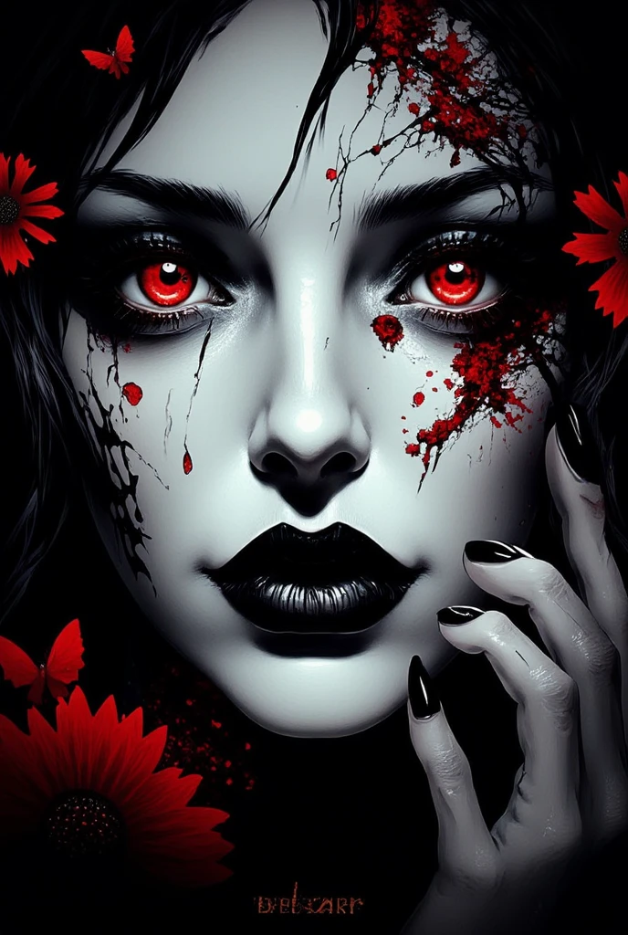 a portrait of vampire with a bloody tear coming down from he eye, an exotic beautiful female vampire, dynamic hair color, dynamic hair style, ultra detailed face, best detailed face, dynamic eye color, ((1single red teardrop, teardrop made of blood coming down from the eye: 1.3)),  Ultra-high resolution, High Contrast, (masterpiece:1.5), highest quality, Best aesthetics), 16K fantasy art, best details, best quality, highres, (ultra wide angle: 1.2), 16k, [ultra detailed], masterpiece, best quality, (extremely detailed), ladyshadow, magical sky, crying style
