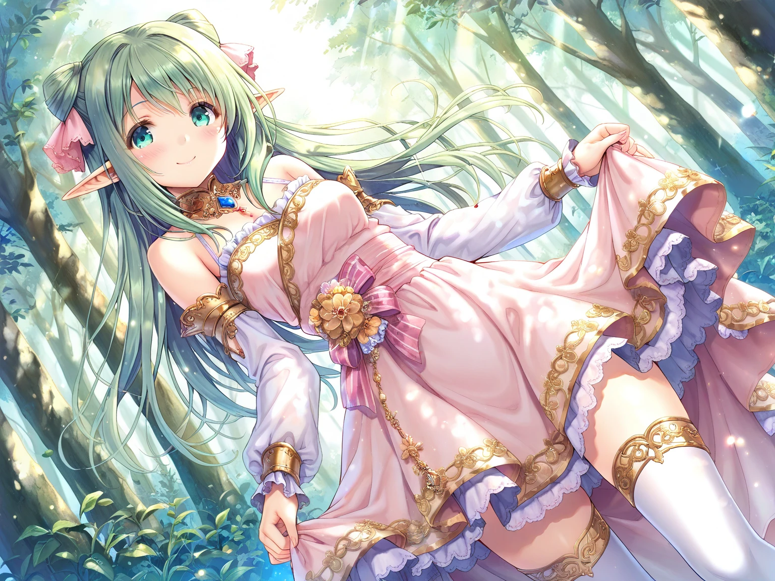 <lora:pony_xl_Cecile:0.8>,Cecile,score_9,score_8_up,score_7_up,source_anime,1girl,solo,looking at viewer,blush,smile,:d,open mouth,bare shoulders,white dress,brilliant dress,detached sleeves,thin pink skirt,ruffles,white thighhighs,nature,sky,day,Dreamy forest,fantastic,refreshing wind,the sunlight streaming through the leaves of the trees,sunny weather writing,lens_flare,hair fluttering in the wind,hair_flaps,standing,cowboy_shot,