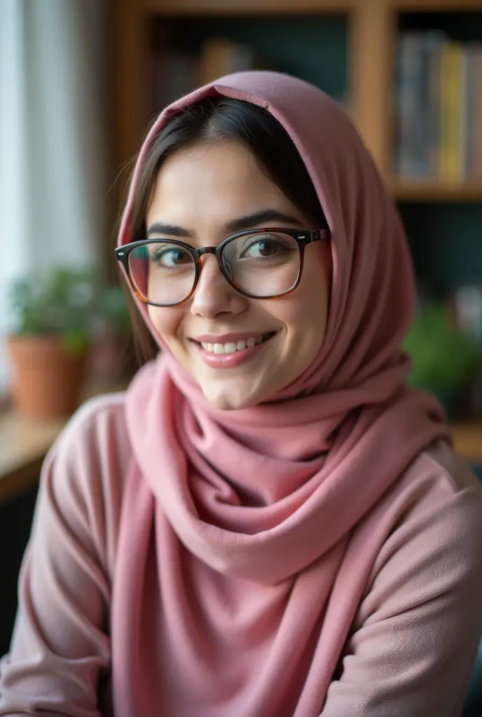 college woman wearing hijab, lipstick, and glasses smiling to camera; 4k; high quality
