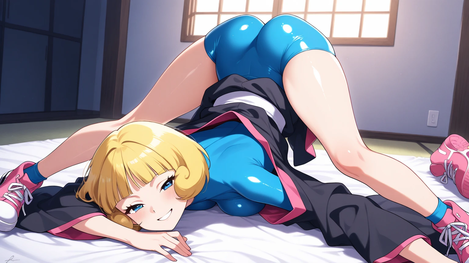 score_9, score_8_wonderful, anime, sweat vapor vapory smelly huge chest huge ass legs skinny clothes bristly hairy curvy grinning face smelly smelly dirty Sweaty vapory pretty face incredibly big ass huge ass thick legs huge ass naked pubic hair{{{masterpiece}}}, {{{Highest quality}}}, {{{so beautiful}}}, {{{Super detailed}}}, {figure}, {{{Very detailed}}}, {{{an extremely delicate and Beeutiful}}}, {{{Very detailed}}}, {{Official Style}}, {100 floors}, {{{{Ultra-high resolution}}}}, {{{hi-vision anime}}}, {{Complex}}, One girl,Bee,Pokemon,Dark skinned women,Black hair band,Blonde,Printed shirt,Printed shorts ,A bodysuit worn under clothing,Bare arms,short hair, My pants are half off, vapor, Shortness of breath, Sweaty, Smelly body, Feet Focus, Dirty socks, Tight clothing, Tight fitting clothes, black Tight clothing, Tied up clothes, Garment Lift, chest, Nipples, indoor, Lying down, Sweaty floor, Wooden floor