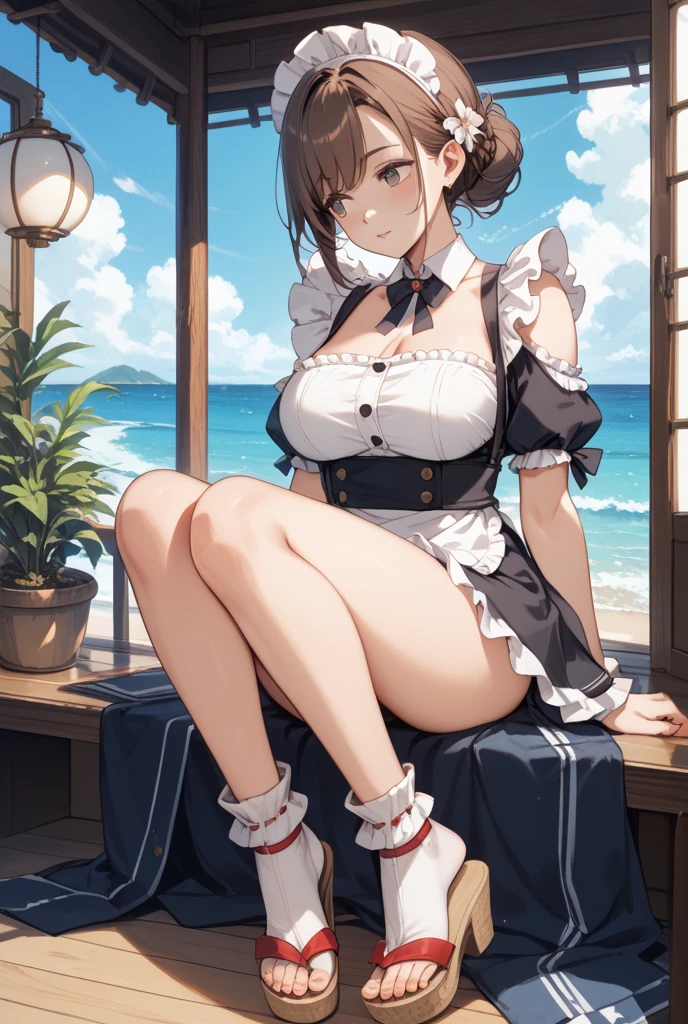 (masterpiece), (highest quality), (highly detailed), (8K resolution), (highest quality),,Huge_chest,hair_good,Brown_hair,Brown_eye,detailed_lips,shy,Ecstasy_face,blush,,(View Viewer:1.3),(Maid)Hugechest、Realistic、Perfect body line、、cute、Beautiful girl taller than a building、aerial photograph、aerial photograph、Sit in the building、笑faceで楽しく街を破壊する、 (A giant girl bigger than a skyscraper destroys the city of Shibuya:1.5)、cute Maid 寝そべる　