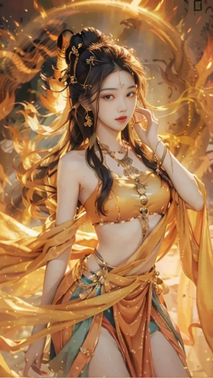 Men, (8k, 4k, highest quality, masterpiece: 1.2), (high profile CG wallpaper included), (1 male: 1.5), Cute Man, Perfect Looking Man, Bodhisattva, Bodhisattva Posture, Man, Beautiful Face, Red Dot on Forehead, Pale Skin, Blush, Big Eyes, Whole Body, Thighs, Open Navel, Gold Waist Chain, Gold Jewelry, Circle Ribbon, Flying Ribbon, Particles, Loulan Ancient City Background, Ancient City Wall, Desert, Dance, Traditional Chinese Costume with Spectacular Costume, Navel Show, Bare Shoulder Show, Open Neck, Cuff, Ankle Bangle, Metal Chain Tassel Around Waist, Navel Piercing