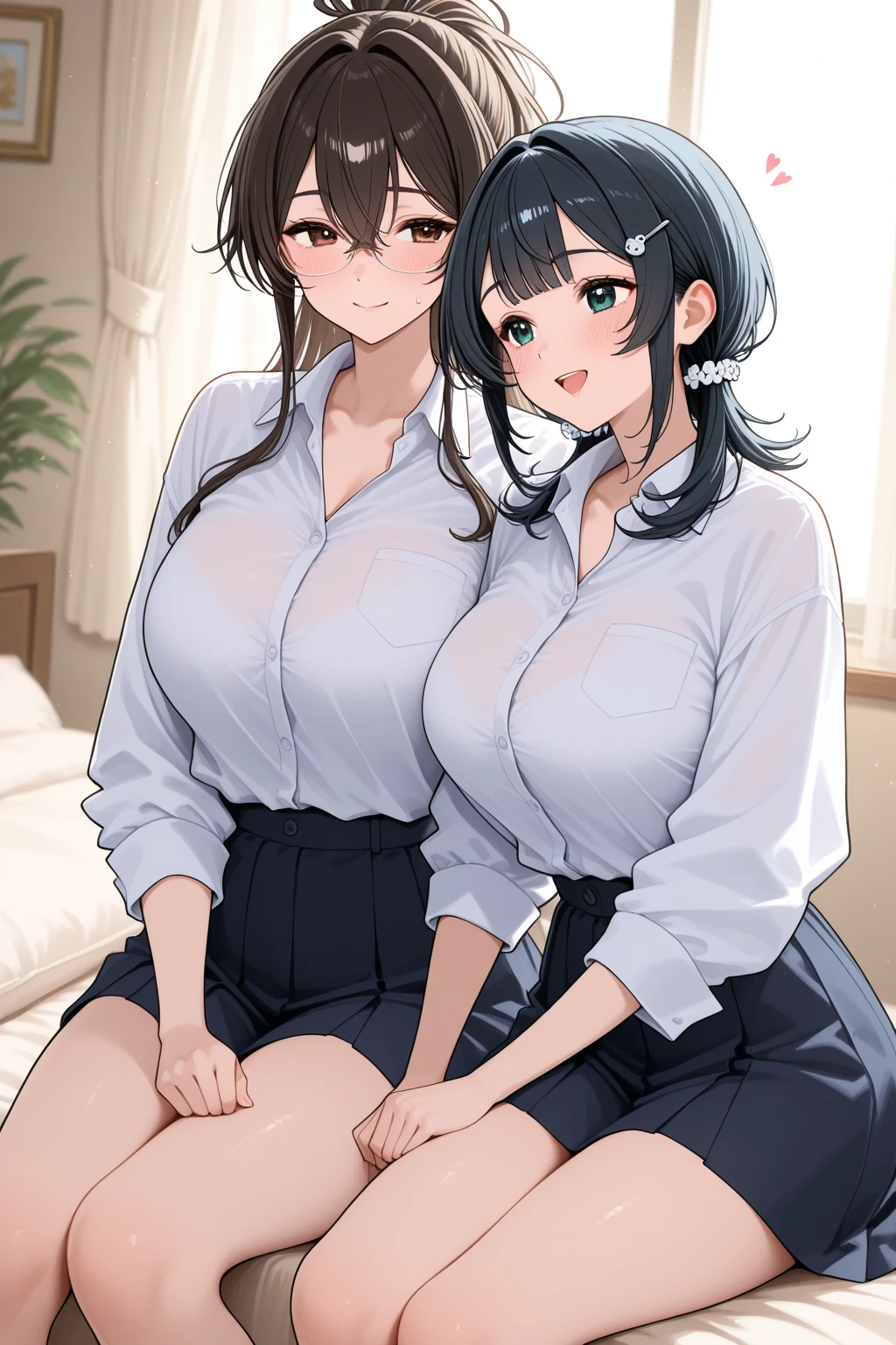 tareme,(short wavy hair:1.1),photorealistic anime art style,black hair,(2women),mature women sitting in elegant hotel,elegant shawl,white blouse,look at viewer,,(mature face),(orgasm),(plump body),heart pupils,sweaty,(blushed:1.2),(mole under eye),eyeliner,(pubic hair),face focus,sweaty,
