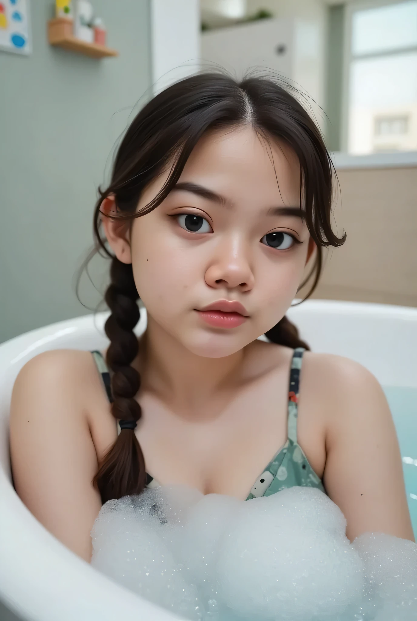 Chubby cheeks, chubby cheeks,The facial reaction is very gloomy and sad, CREATE ANIME CARTOON 3D PHOTO, "A highly realistic, ultra-detailed portrait of a woman relaxing in a bubble bath, captured in the best settings of a SONY A7R with a fast prime lens (f/1.8). The scene features a minimalist bathroom with soft, natural lighting, emphasizing the subject's smooth skin, delicate facial features, and the dynamic texture of the foam. Hyper-detailed textures, cinematic lighting, and a sharp focus create an immersive depth. 32K resolution, photorealistic rendering, skin pores and water droplets visible, ultra-sharp image, professional photography style." Wajah KELIHATAN muram Dan sedih, Two braids , chubby cheeks hairstyle Left and right