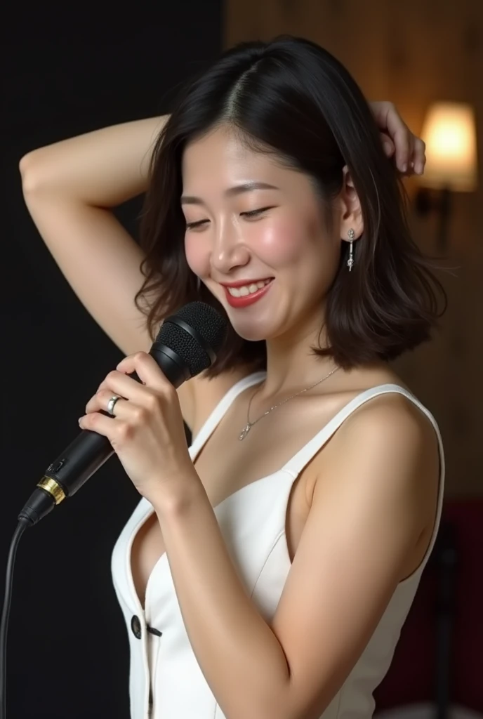 a beautiful mature japanese woman in her 50s, 4 piece rock band, 4 piece band, long eyelashes, low ponytail, red lipstick, pearl necklace, earrings, bold eye shadow, cleavage, flamboyant outfits, guitar bass drums and vocals, (best quality,4k,8k,highres,masterpiece:1.2),ultra-detailed,(realistic,photorealistic,photo-realistic:1.37),cinematic lighting, dramatic colors, dramatic lighting, vibrant colors, hyper detailed, photorealistic, intricate details
