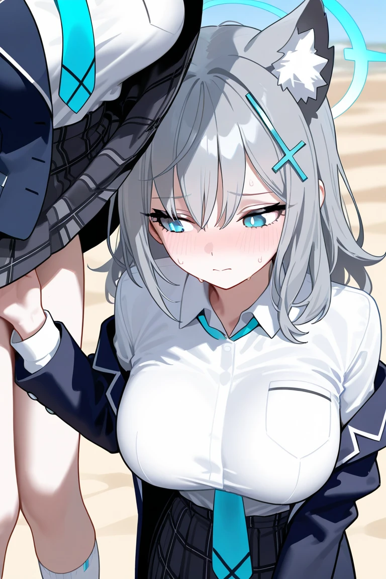 masutepiece, Best Quality,Illustration, Wallpaper, ultra -detail, Little Face、(((molesting)))、Gray hair color、barechested、((shame))、(Teary-eyed)、(((Nothing is worn)))、((Girl being touched by a man))、small cherry-colored nipples、Angle from which you can see the whole body、ample breasts