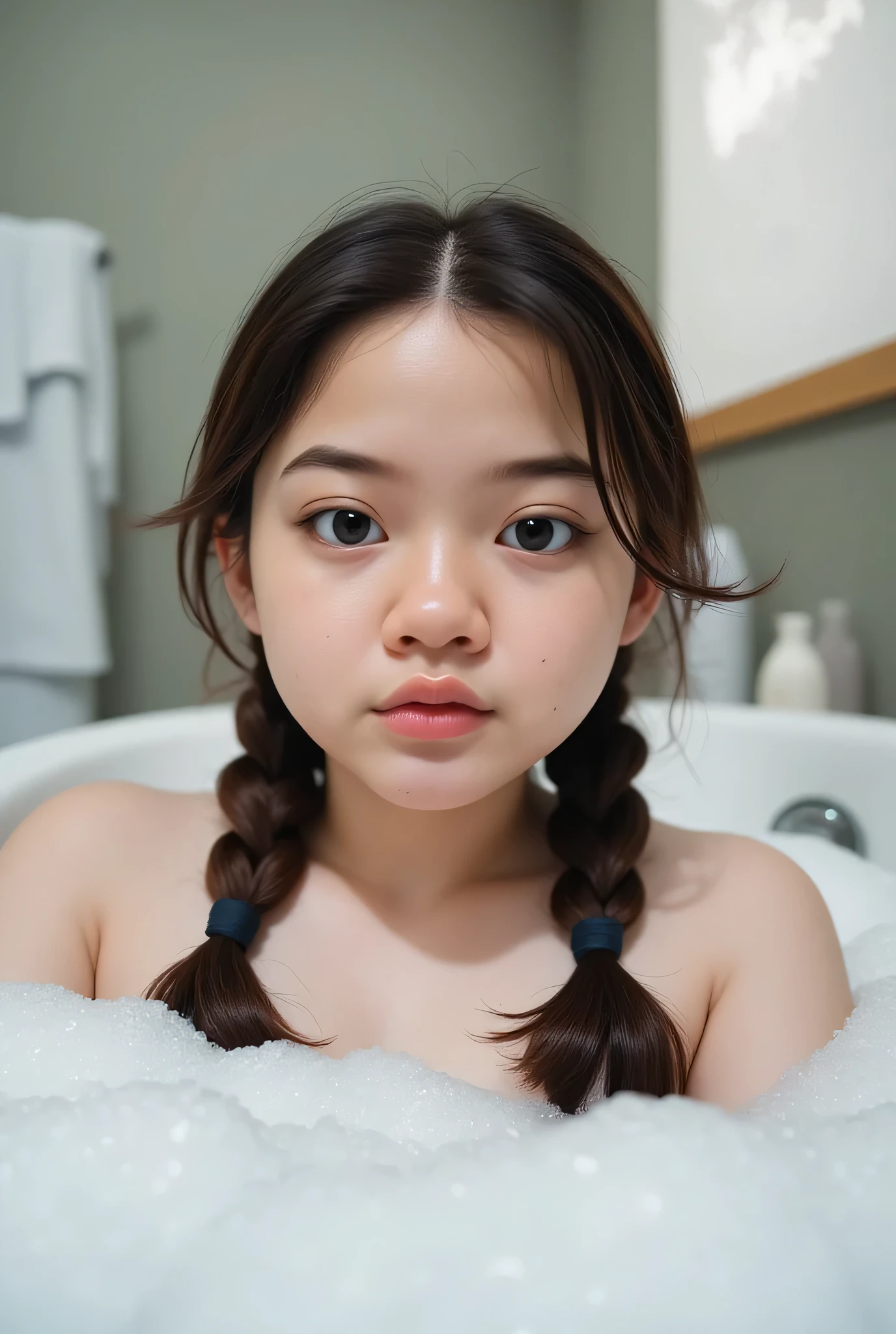 Chubby cheeks, chubby cheeks,The facial reaction is very gloomy and sad, CREATE ANIME CARTOON 3D PHOTO, "A highly realistic, ultra-detailed portrait of a woman relaxing in a bubble bath, captured in the best settings of a SONY A7R with a fast prime lens (f/1.8). The scene features a minimalist bathroom with soft, natural lighting, emphasizing the subject's smooth skin, delicate facial features, and the dynamic texture of the foam. Hyper-detailed textures, cinematic lighting, and a sharp focus create an immersive depth. 32K resolution, photorealistic rendering, skin pores and water droplets visible, ultra-sharp image, professional photography style." Wajah KELIHATAN muram Dan sedih, Two braids , chubby cheeks hairstyle Left and right