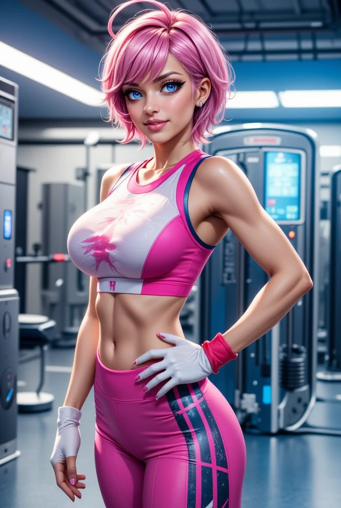 Pink hair, facing the camera, showing cleavage, Skinny, green eyes, tall skinny at the gym, wearing tights like bike shorts, damp wet skin.