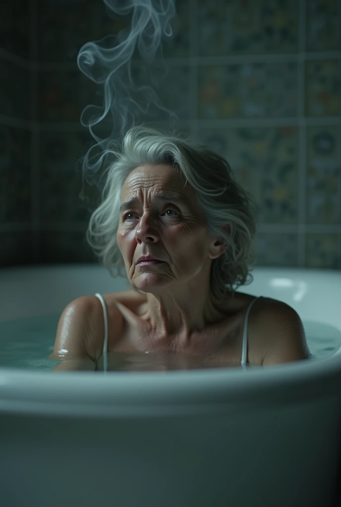 an old woman inside from a bathtub, red water , with red candles, everything dark, red symbol painted on the bathroom wall