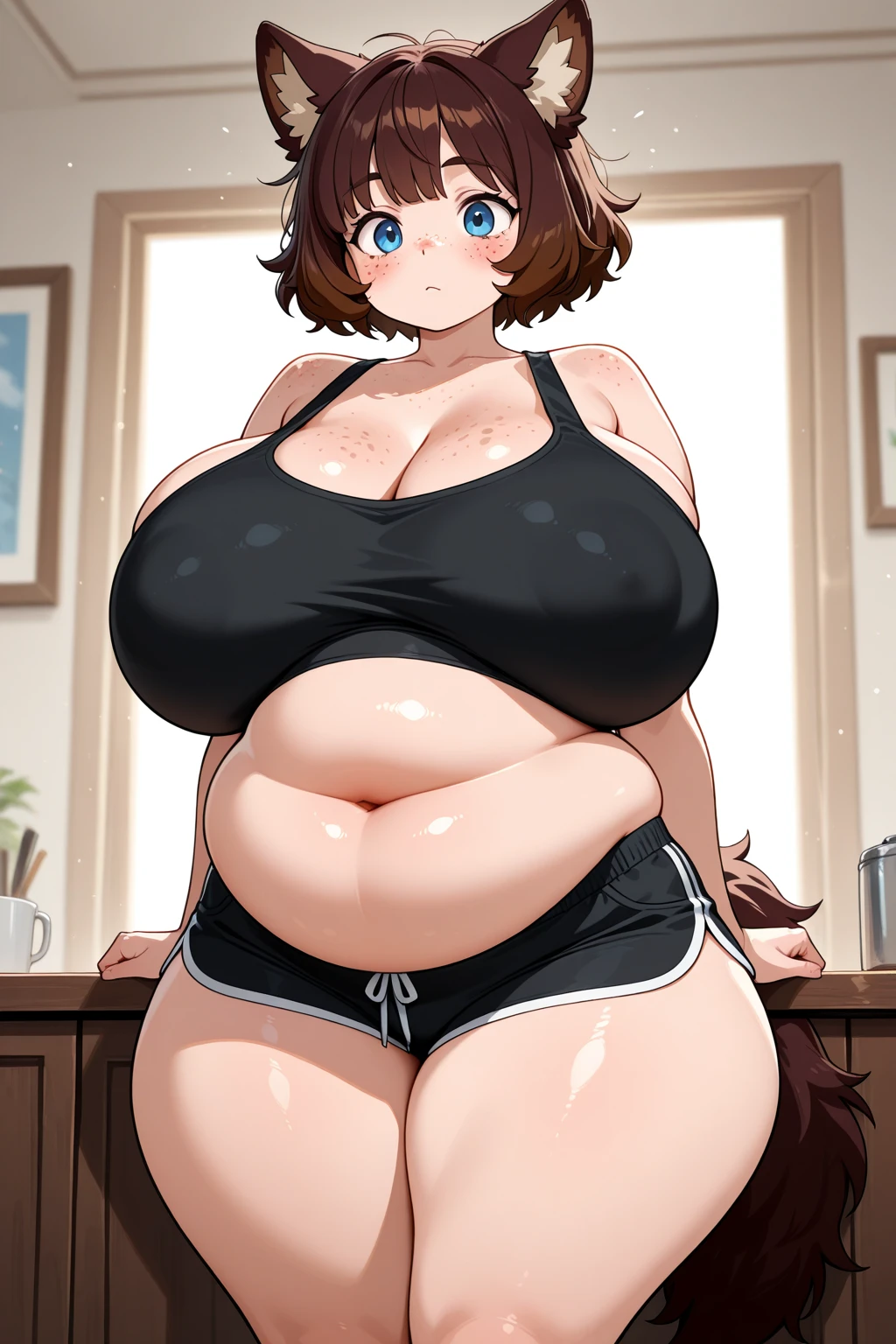 ((highres)), Masterpiece, high quality, best quality, beautiful, perfect lighting, detailed face, ultra cute face, ((1girl)), ((blush)), ((blush)), embarrassed, looking at viewer, skindentation, short brown hair, green eyes, jeans, tank top, thight clothes, full body, fast food restaurant, small breasts, perky breasts, cleavage, ((wide hips)), (((massive thighs))), ((plump)), chubby belly, fat folds, standing by a table, arms behind back,
