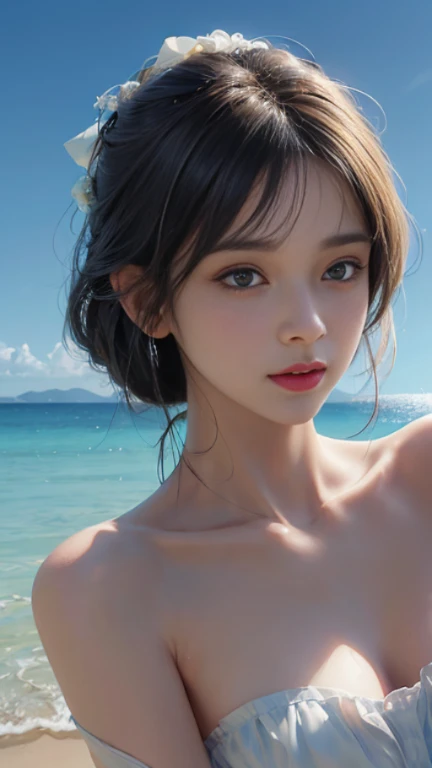 streaked々Mike Bikini、all-fours、Brown shorthair、爆乳、(I-cup)、Cleavage emphasis、a beauty girl、年轻、Cute、The best smile、sea side、directly in front、Looking at the camera、8k、ighly detailed、Top image quality、top-quality、realisitic、realistic、masterpiece、a beautiful detailed girl、extremely detailed eye and face、beatiful detailed eyes、sexy lip、shinny skin、colourfull