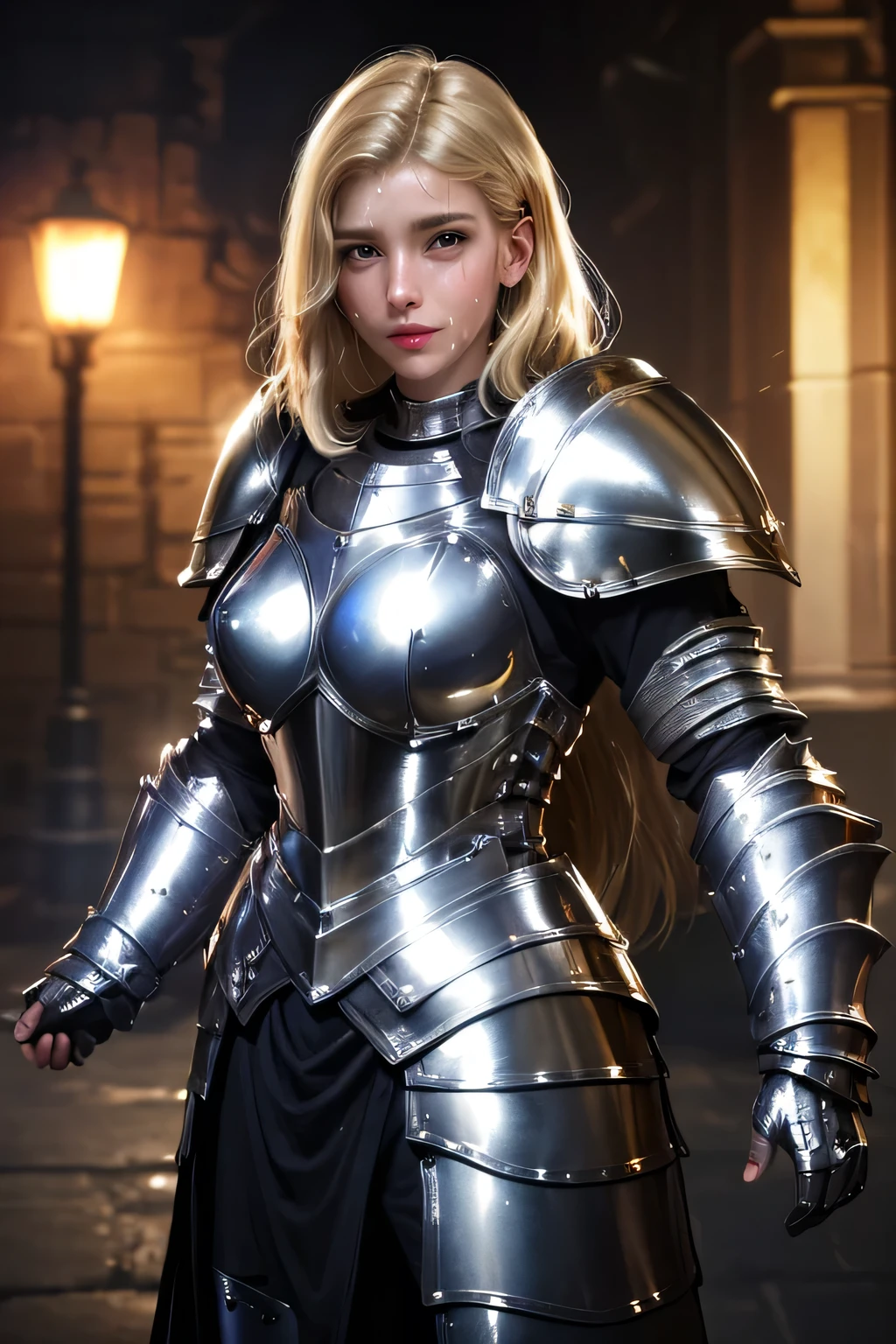 8k, masterpiece, RAW Photos, highest quality, Realistic, Highly detailed CG Unity 8k wallpaper, Depth of written boundary, Cinematic Light, Lens flare, Ray Tracing, (Very beautiful face, Beautiful Lips, Beautiful Eyes), Exquisitely detailed face, ((Highly detailed skin)) One Girl, In the Dark, Deep Shadow, Attractive Russian model Nata Lee, ((View your viewers)), (A seductive smile), (Blurred Background), (Large Breasts:1.5), Earrings, bracelet, necklace, Clear Eyes, castle room, Holding the Sword, Front shot, (Pale skin), Look forward, (Big eyes), ((Upper Body Shot)), (Camel Toe, shape), ((nice (Silver metal armor) Silver Cape Design:1.5)), (Umbilical cord prolapse:1.5), Light blonde hair, (ponytail), ((A seductive smile)), ((Camel Toe)).