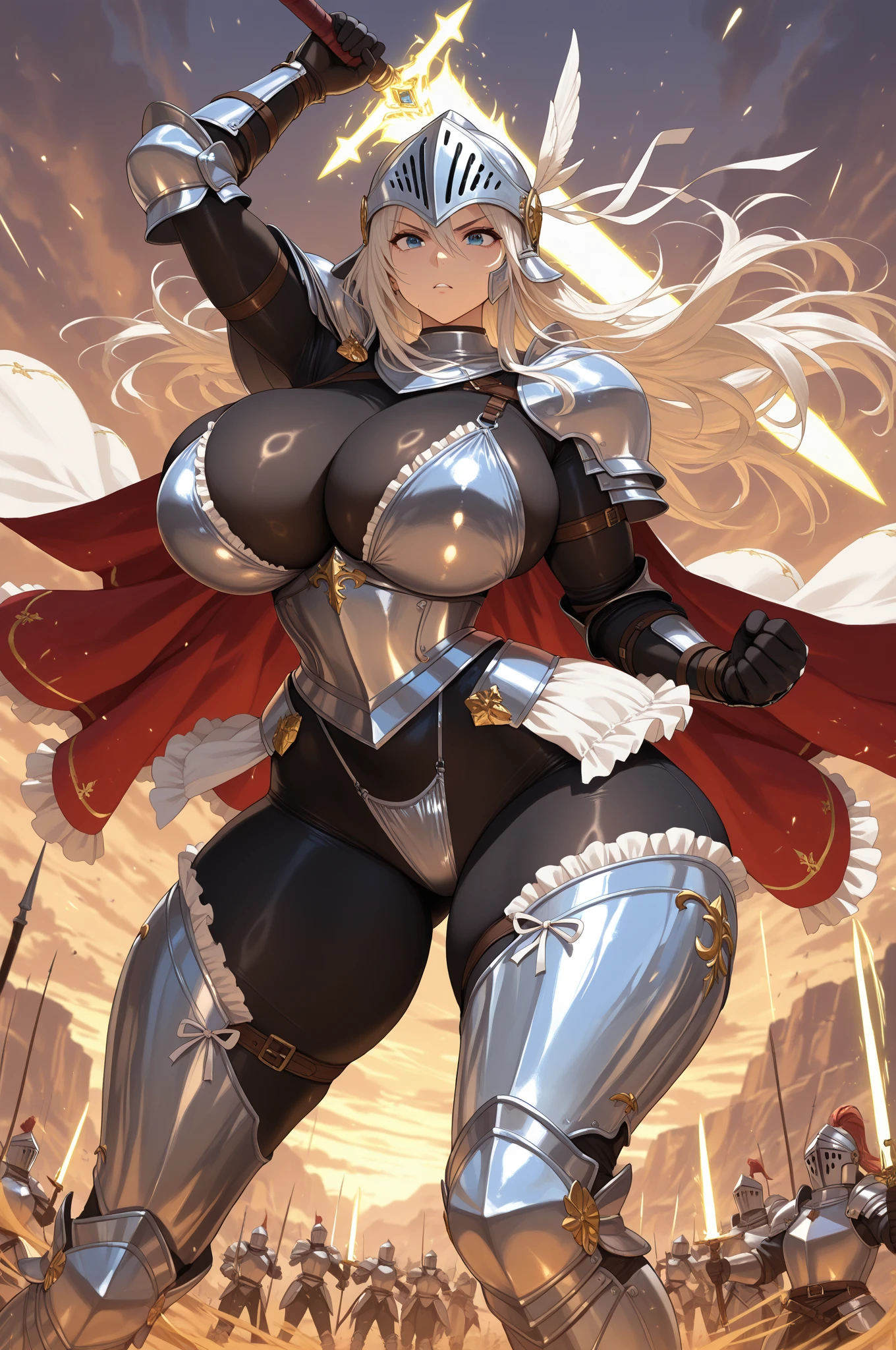 Huge teen tits bimbo, stern face expression,  standing on steep heel, sunny day, ((wearing plate full armor with ornament)), eyepatch, broken spears in the ground around, birds in sky far away